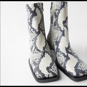 Zara Square Heel Leather Bootie Animal Snake Print